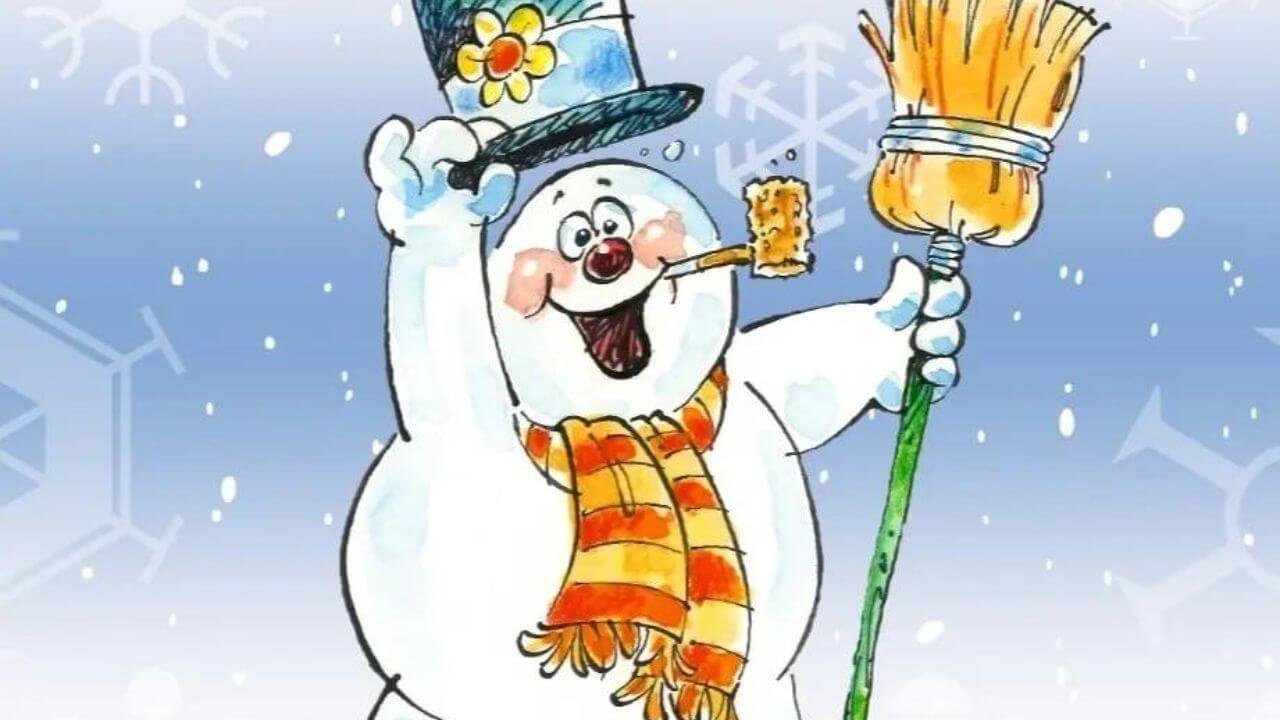 A Frosty the snowman with a broom and tipping his hat