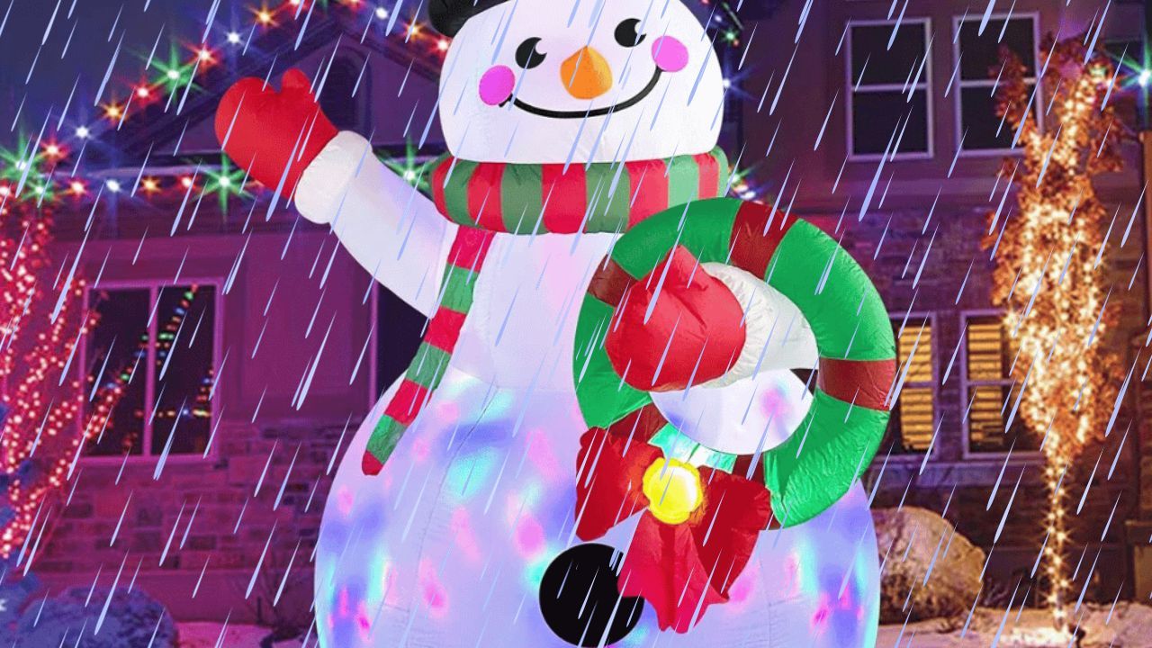 Frosty the snowman inflatable in the rain