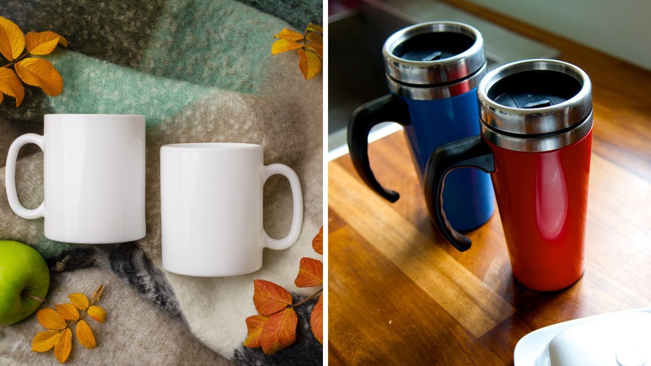 Two ceramic mugs and two stainless steel mugs
