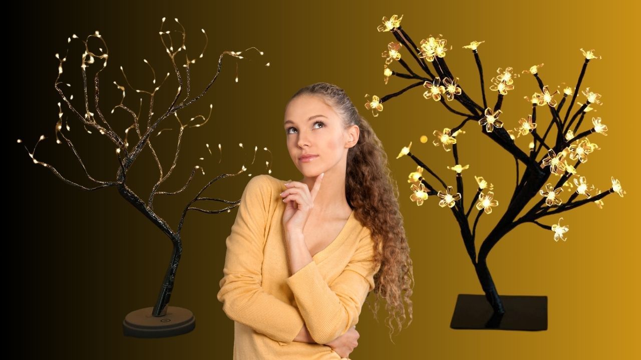 Woman pondering the selection of a fairy light tree