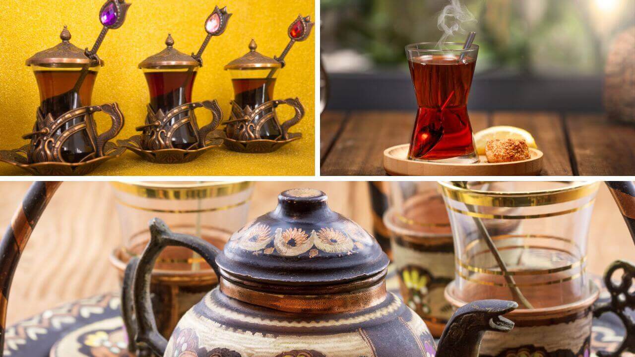 Three-image gallery of Turkish tea sets