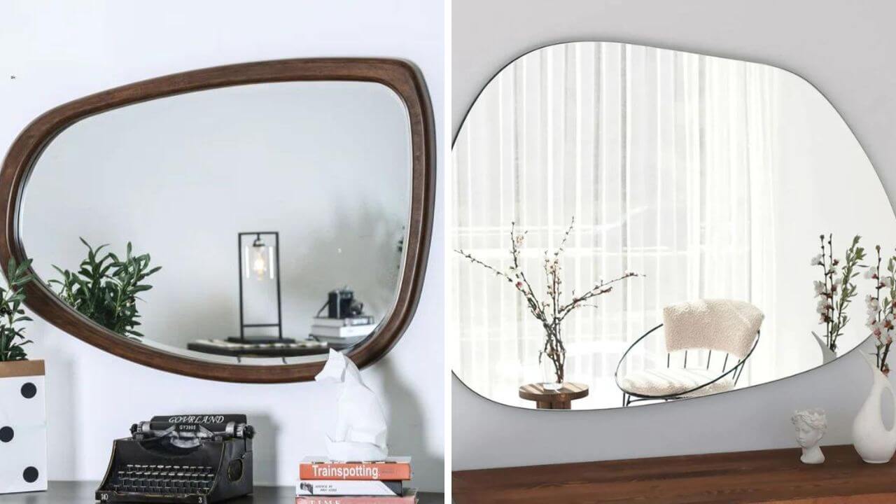 Asymmetrical mirrors displayed in different settings