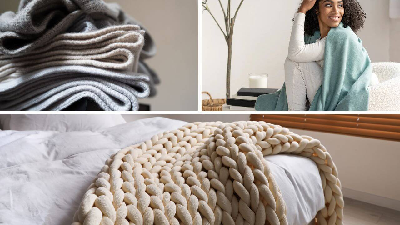 Three styles of cashmere blankets on displa