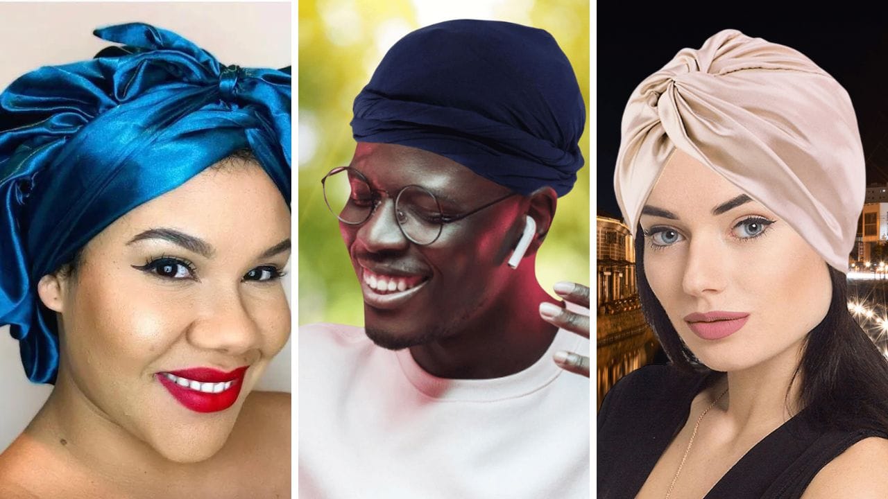 People wearing three different styles of silk bonnets