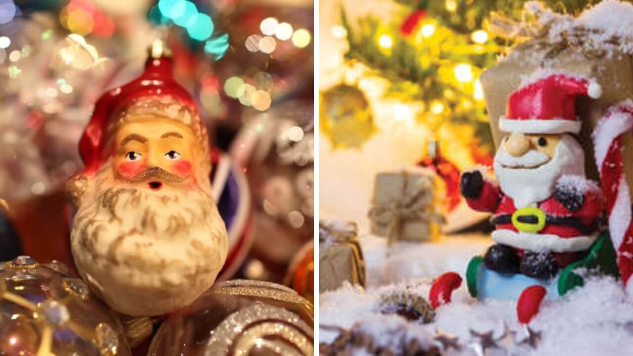 View of two vintage Christmas ornaments