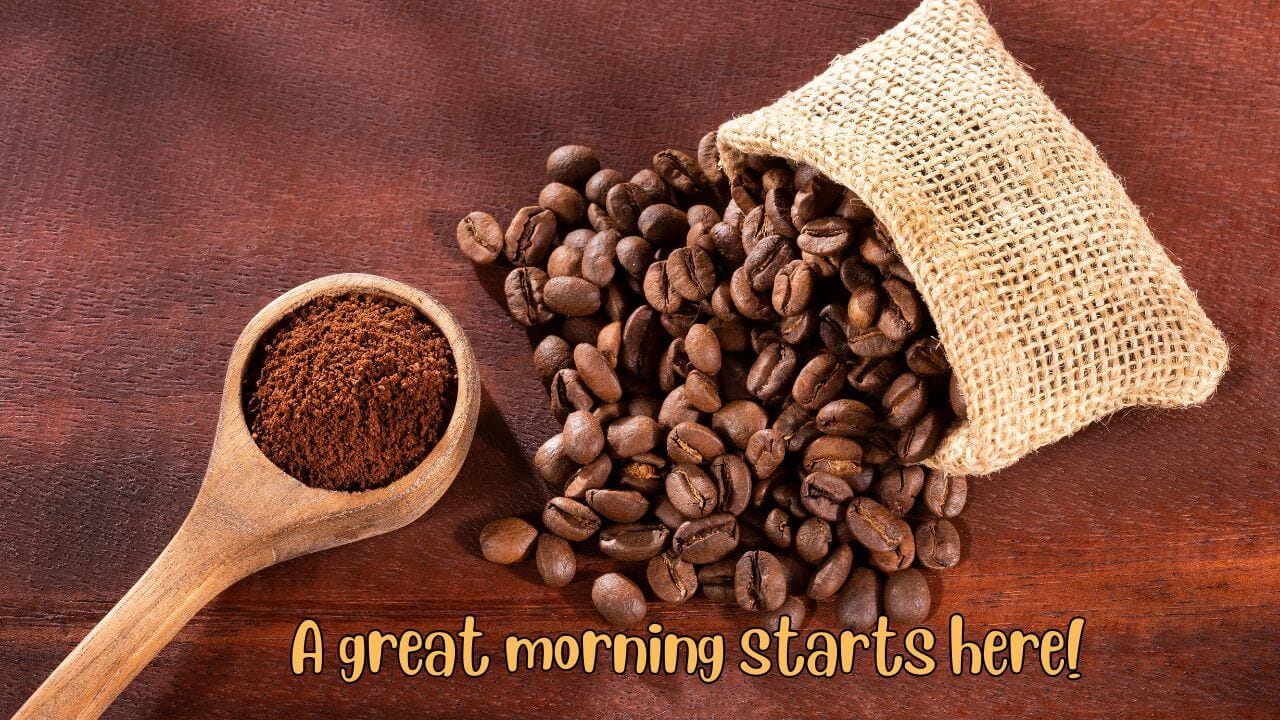 Bag of dark roast coffee beans and a scoop of ground beans