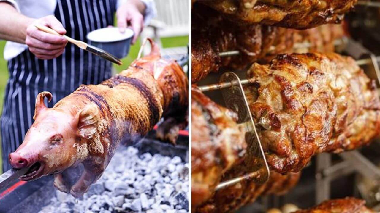 Using a spit roaster to cook pork and meat