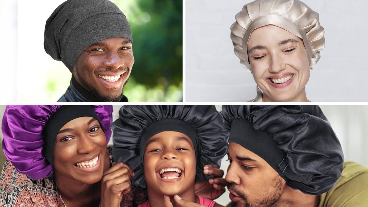 Images of people wearing silk bonnets