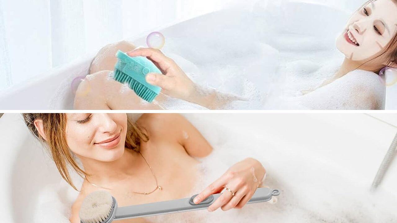 Two bathers using two different exfoliating scrubbers