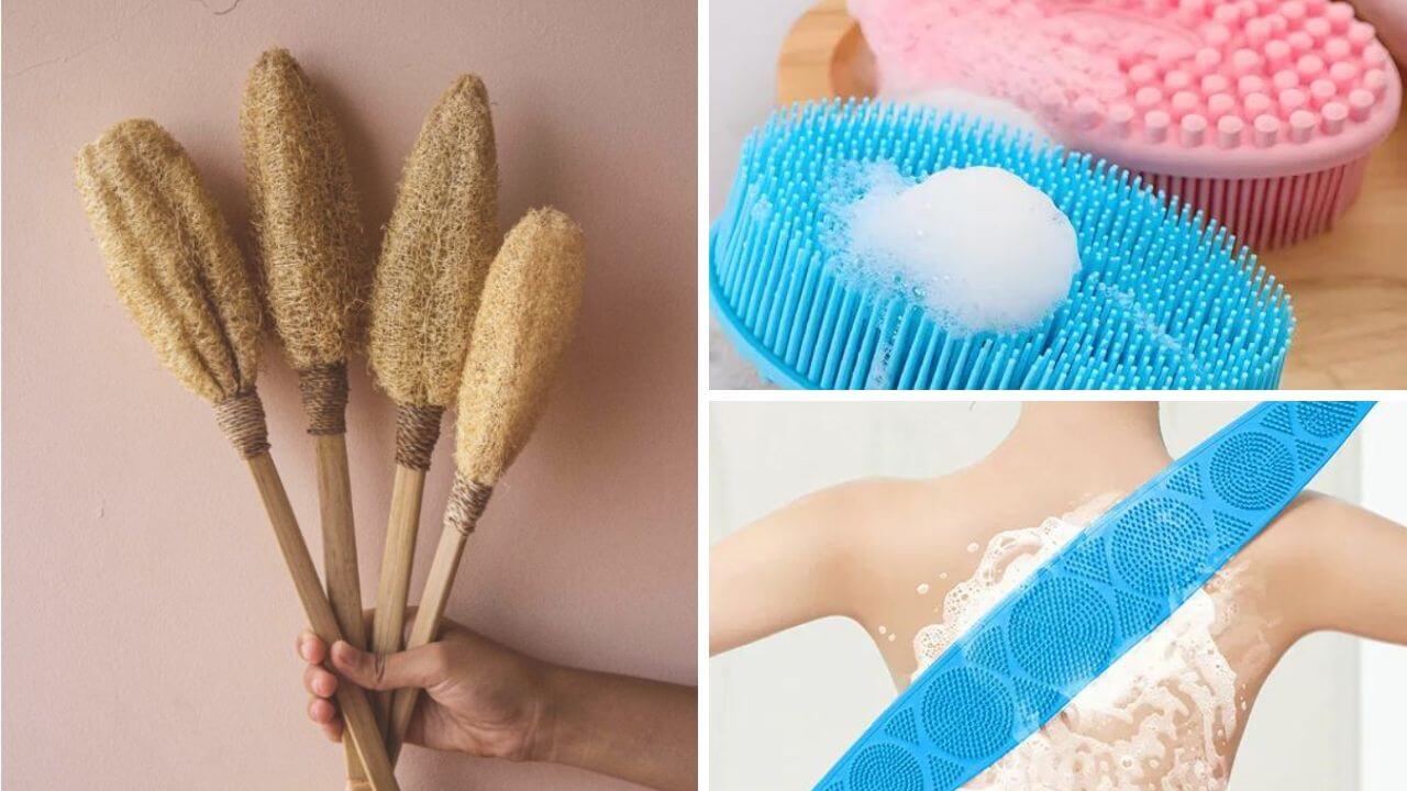 One loofah and two silicone body brushes