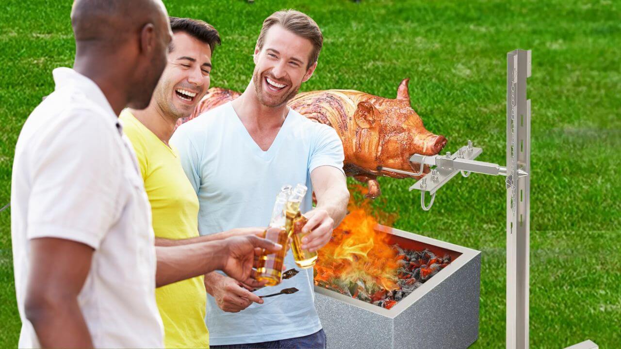 Healthy guys celebrating their spit roasting event