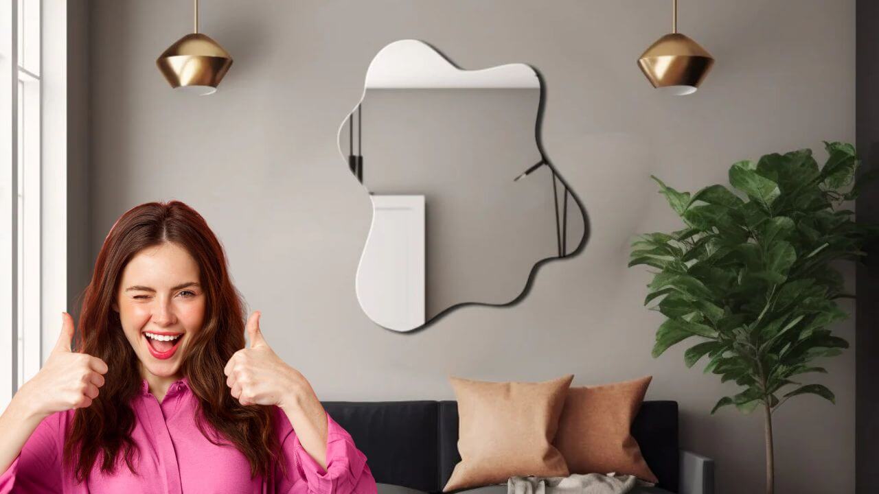 Woman showing pleasure with asymmetrical mirror adorning living area