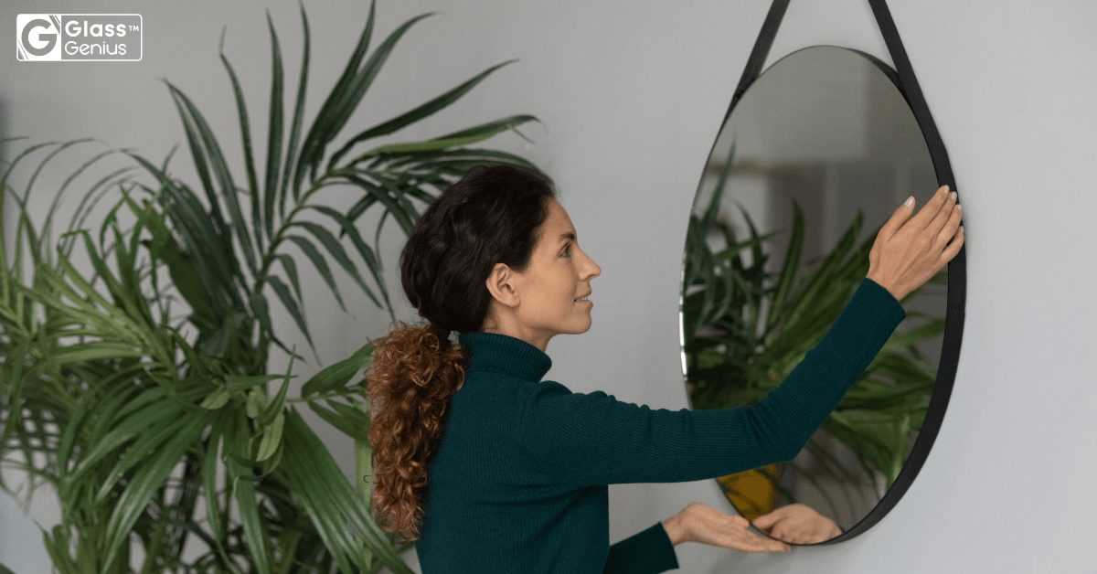Woman making an asymmetrical mirror selection at the Glass Genius store
