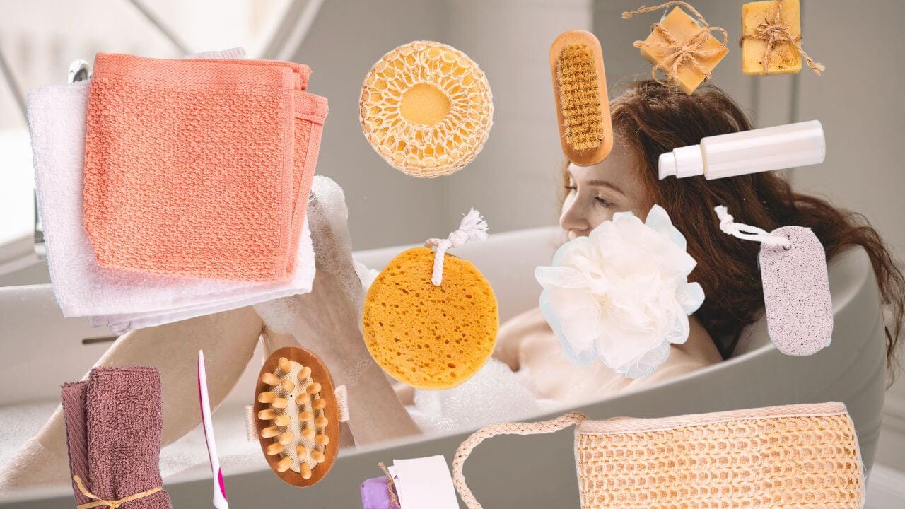 Variety of body scrubbers on display with a bather in a tub in the background