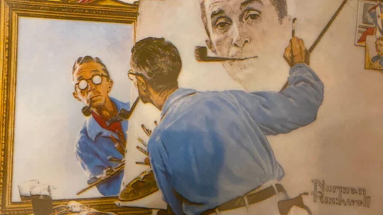 Norman Rockwell picture of him looking at a mirror to paint his self-portrait