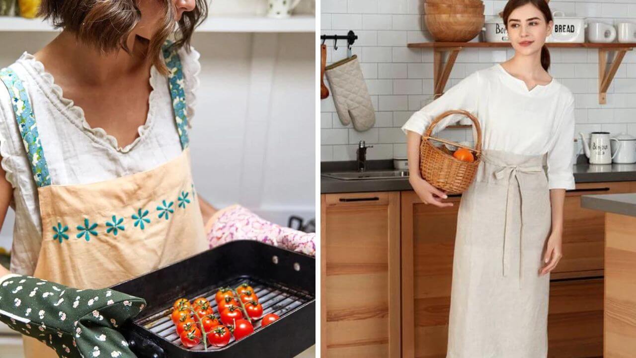 Women wearing linen apron while doing kitchen work