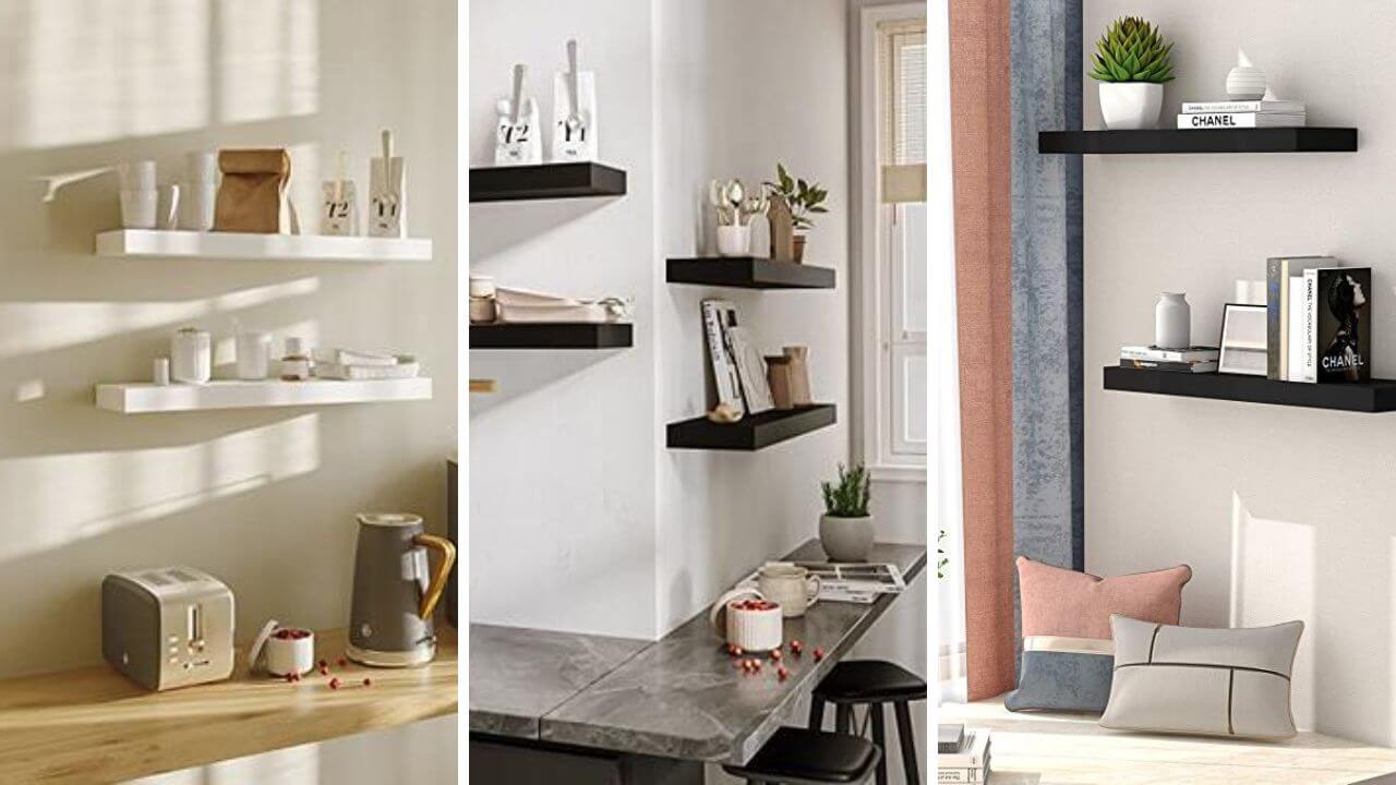 Floating wood shelves displayed on walls in various rooms