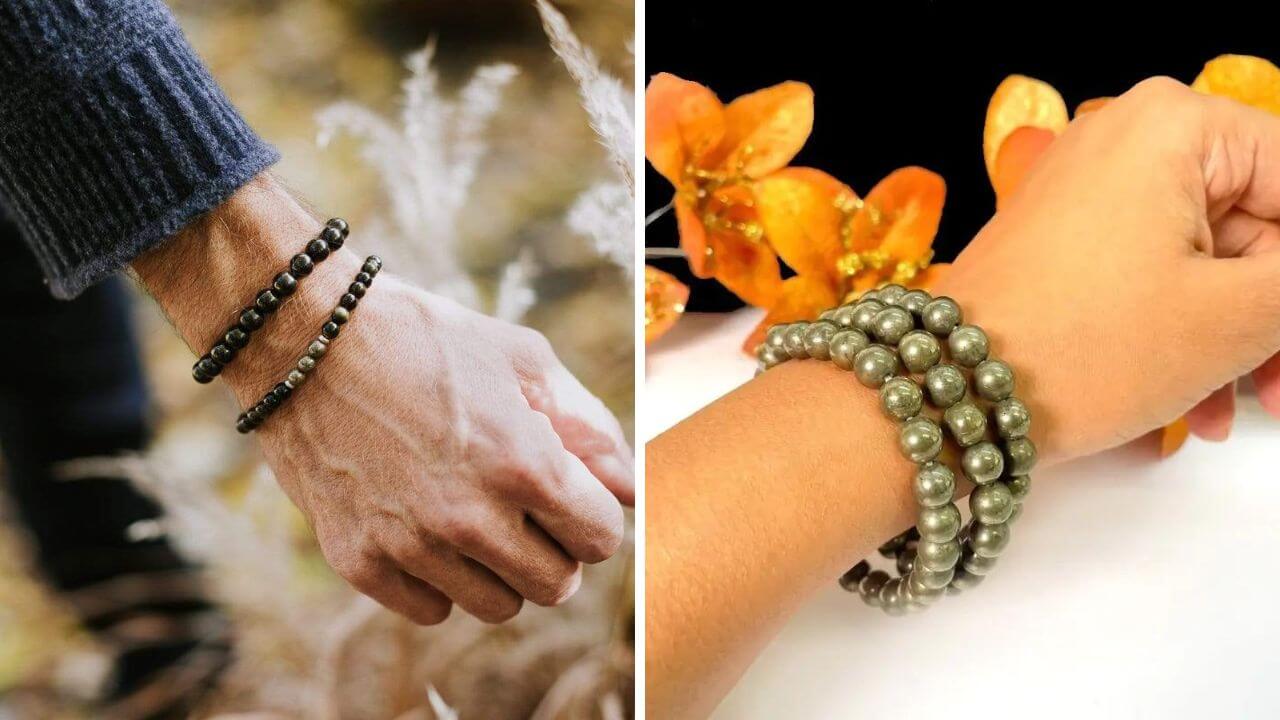 Pyrite bracelet on the right hand and a pyrite bracelet on the left hand