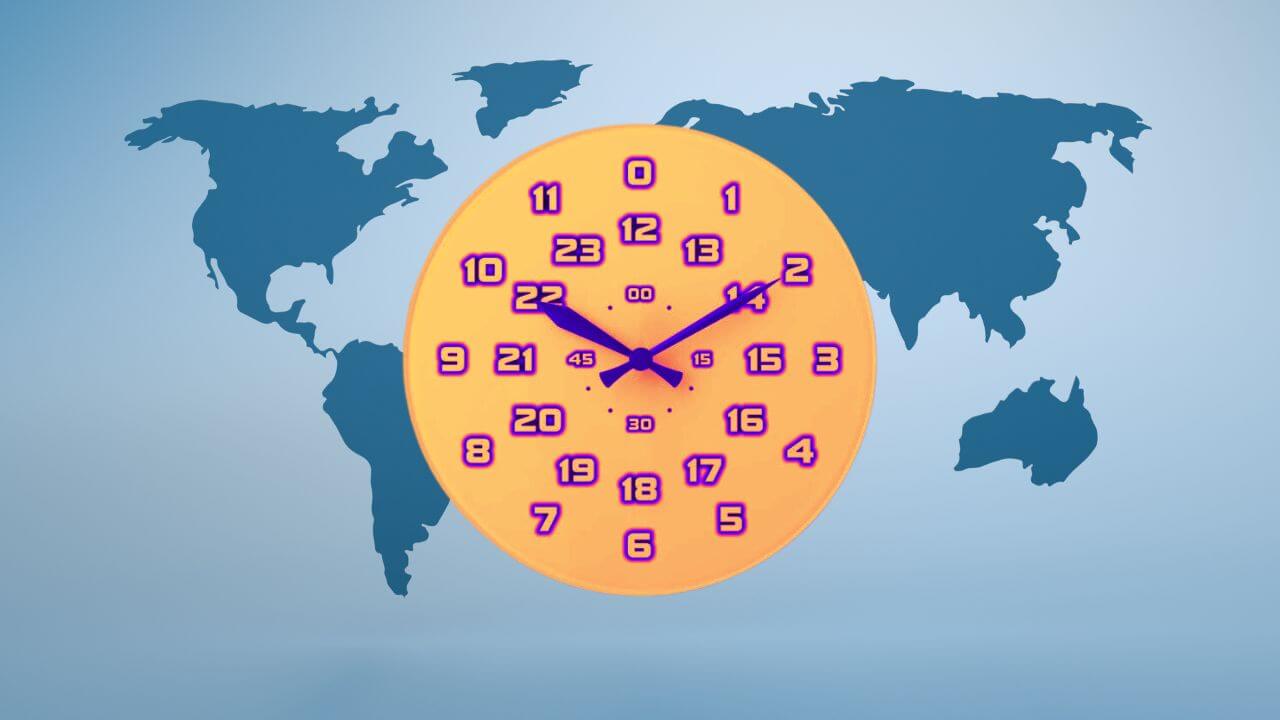 24-hour analog clock over a world map