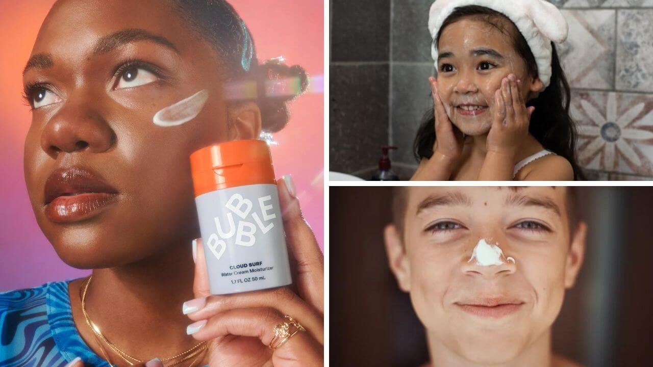 Images of three young people promoting Bubble skin care for youthful skin