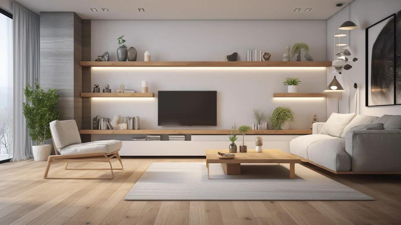 Living room with walls decorated with floating shelves