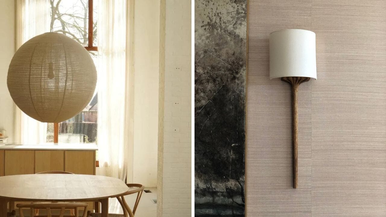 Round hanging lamp with a linen lamp shade over a table and a wall lamp with a linen lamp shade