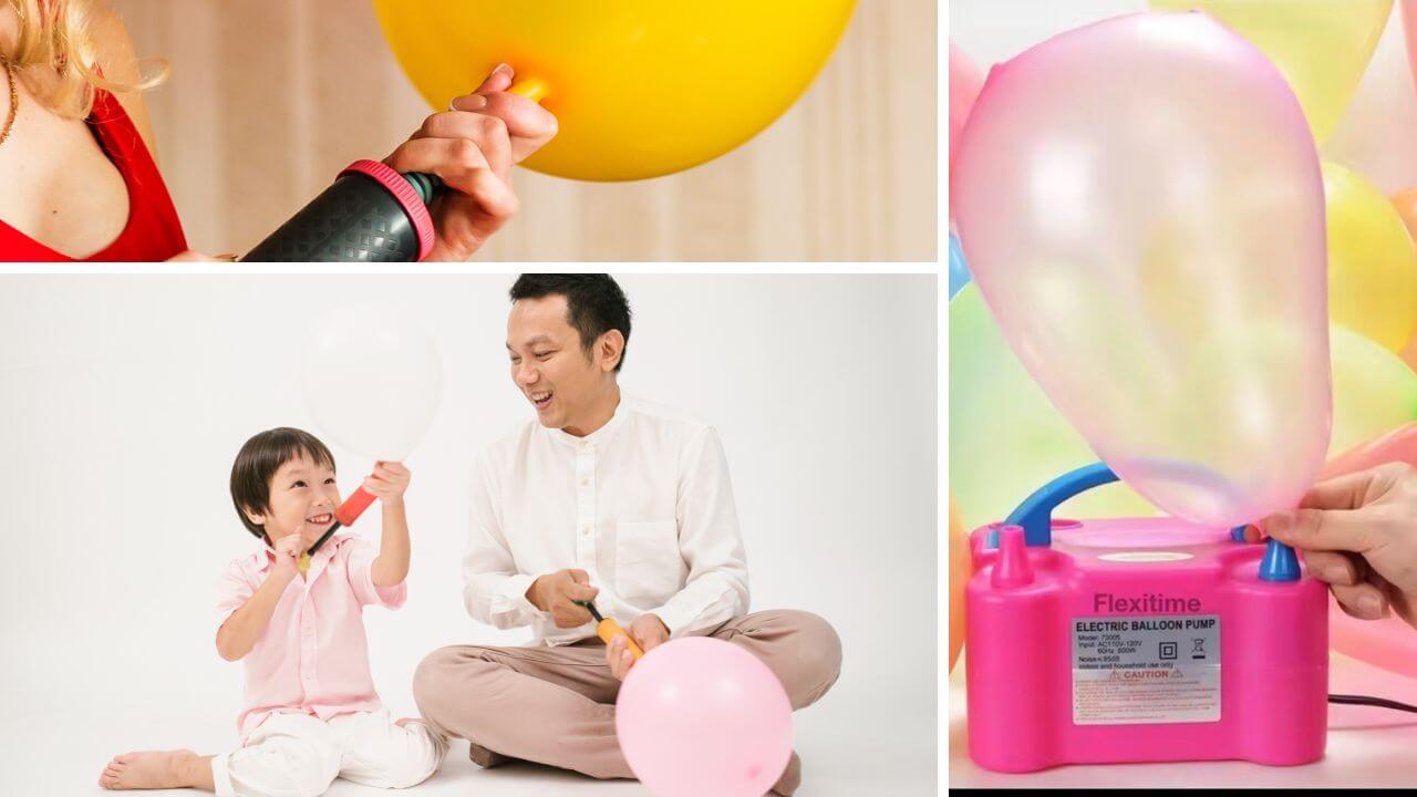 Collage of balloon pumps being used to inflate balloons