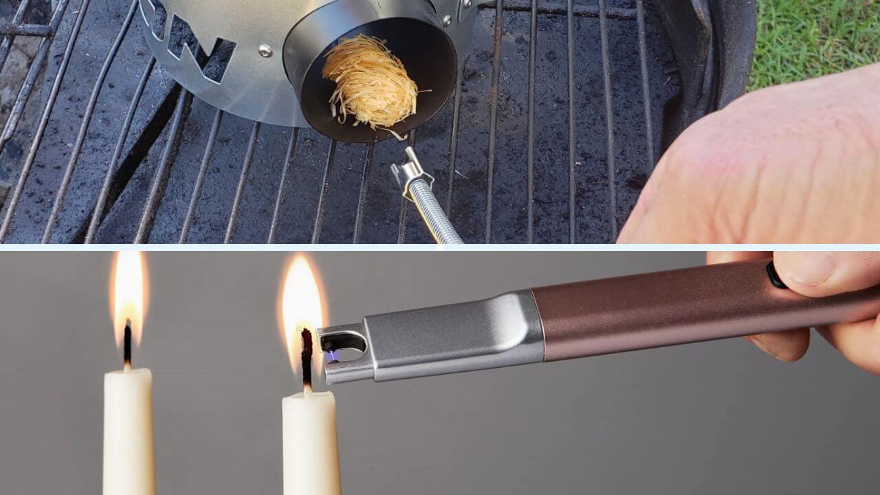 Flameless lighter igniting a barbeque stove and a candle