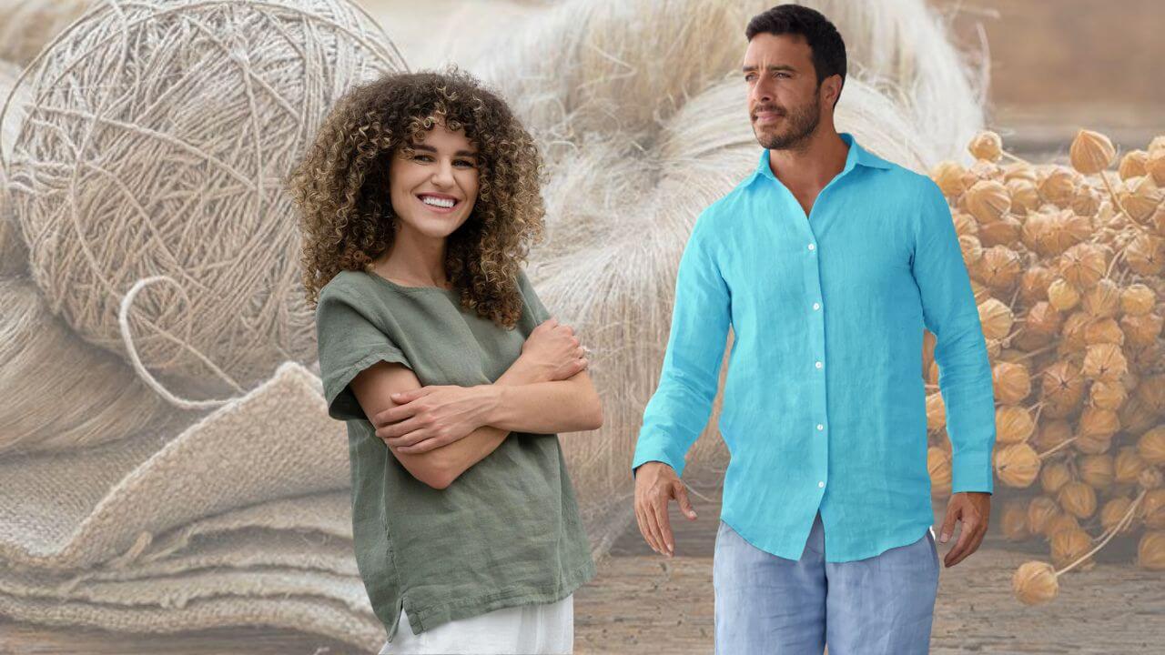 Woman and a man wearing linen clothing with linen materials in the background
