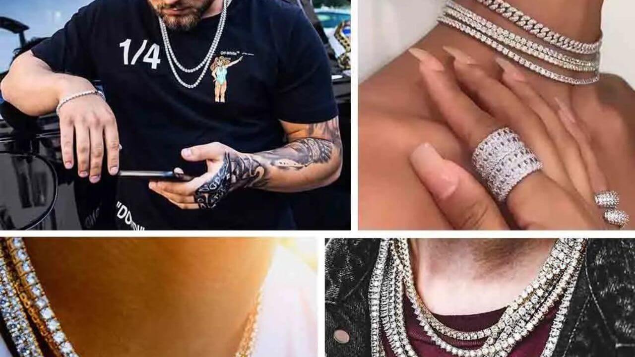 Images of tennis necklaces worn by four different people