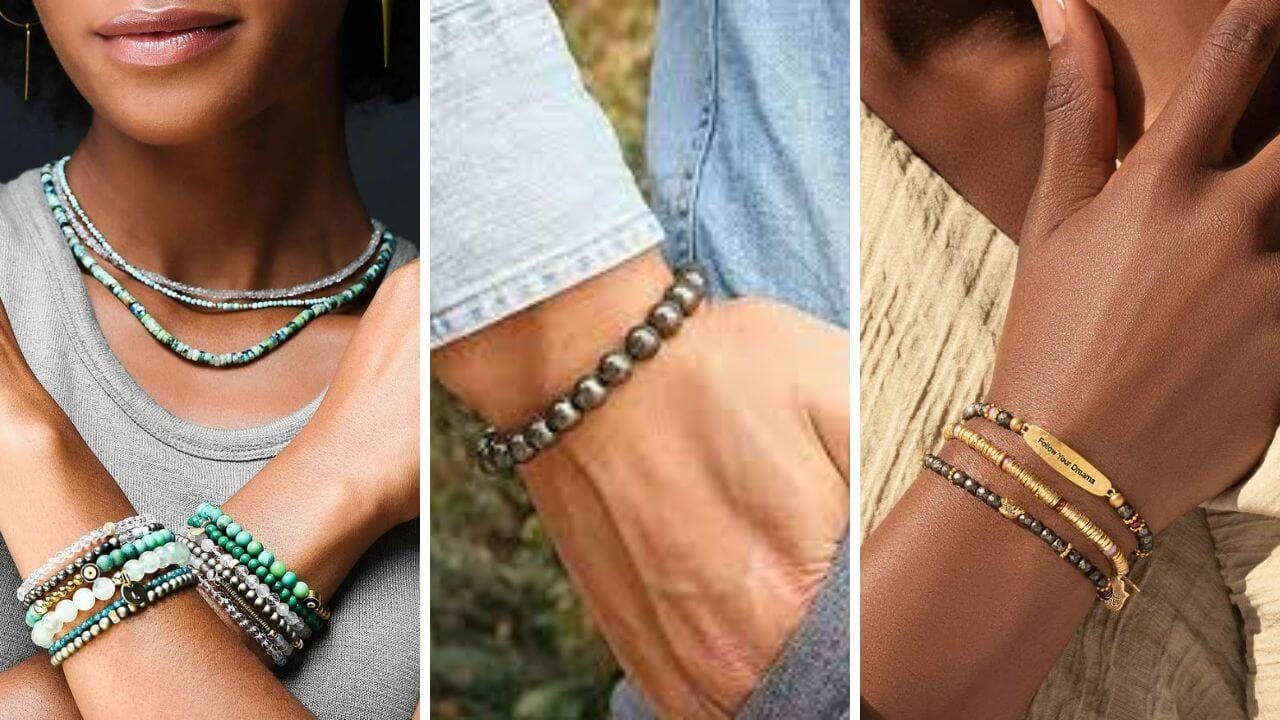 Three individuals wearing pyrite bracelets