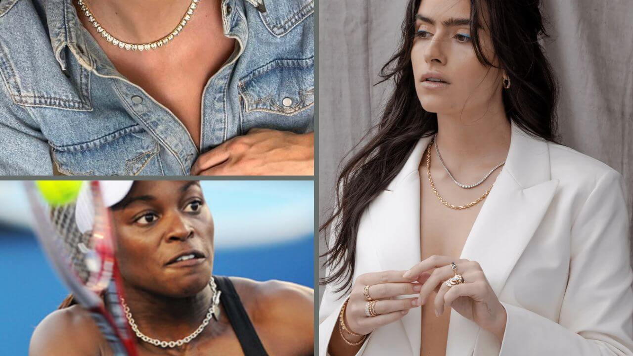 Versatile tennis necklace worn with jeans, on the tennis court, or with formal wear