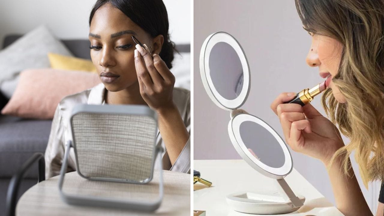 Women using two types of travel makeup mirrors