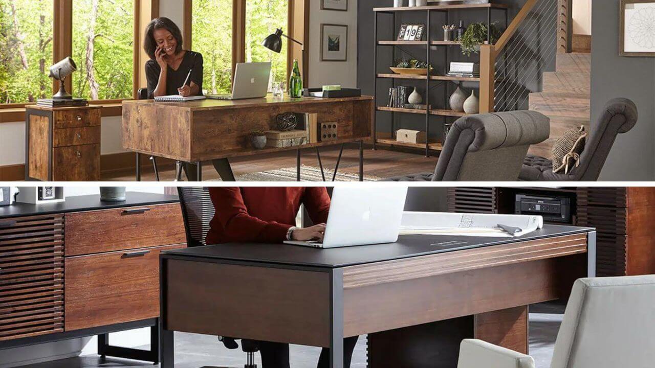 Woman and a man working at stylish modern home office desks