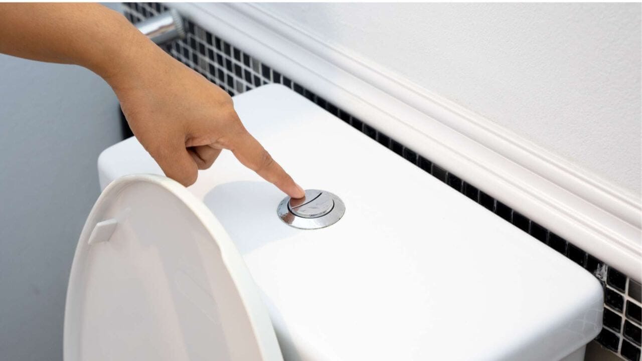Person flushing a toilet