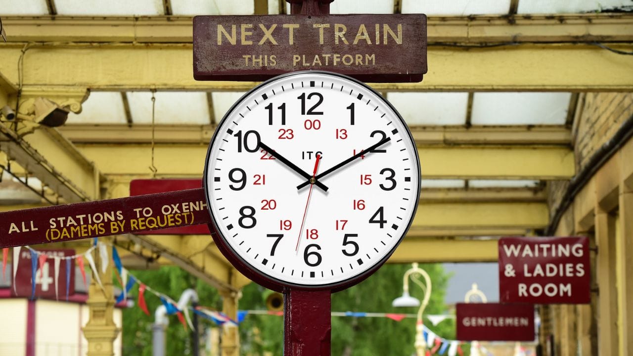 24-hour analog clock in a European train station