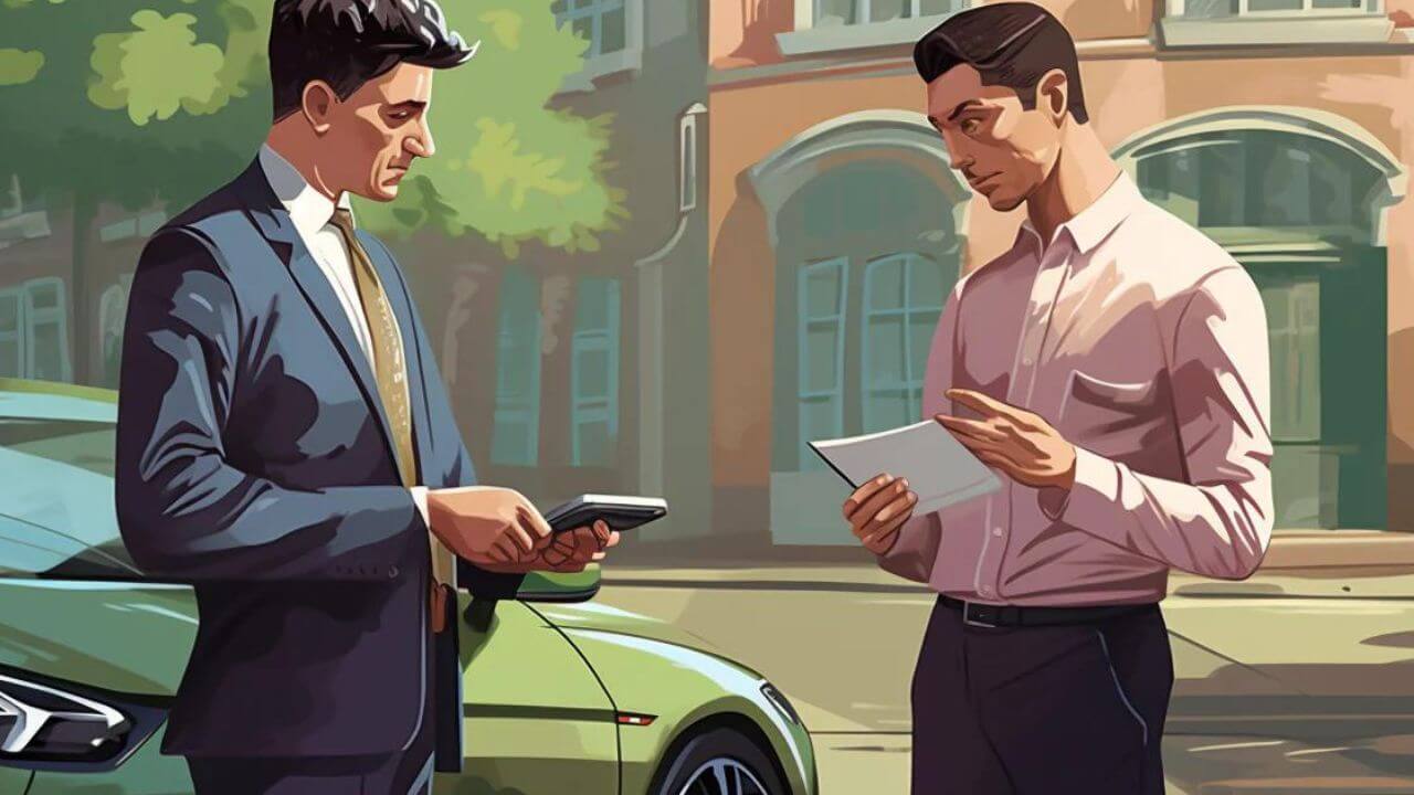 Man with a dash cam showing recorded data to an insurance agent
