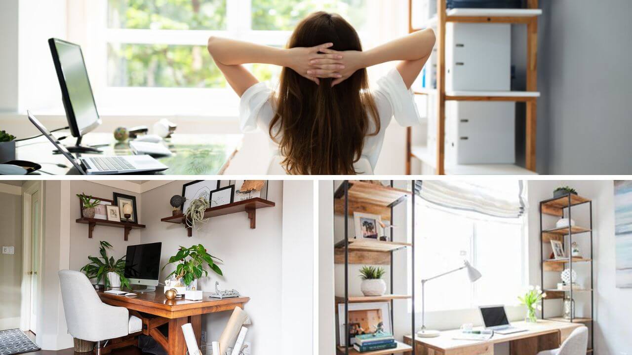Three home office decor views promoting productivity and comfort