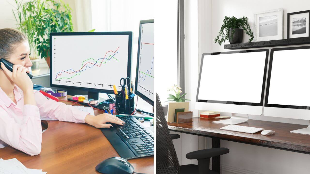 Dual monitor setups on different home office desks