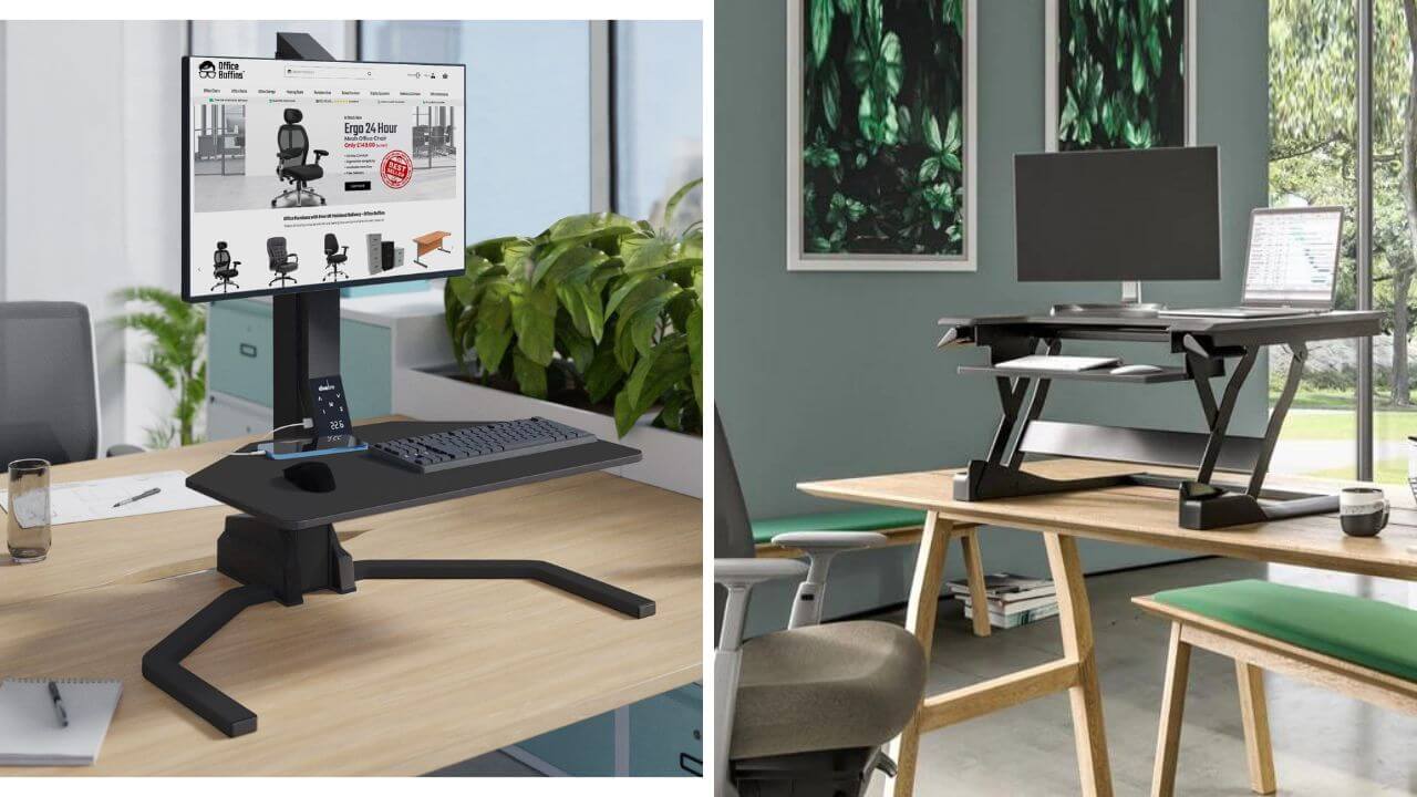 Two styles of sit-stand desk converters