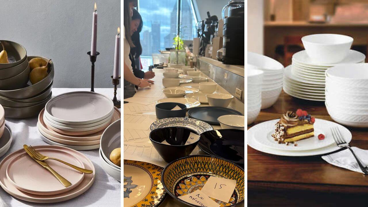 Three different types of durable dinnerware sets