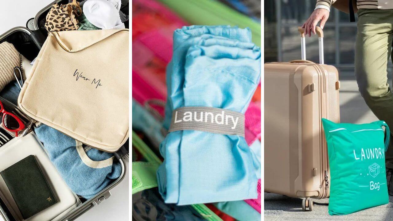 Different colored travel laundry bags