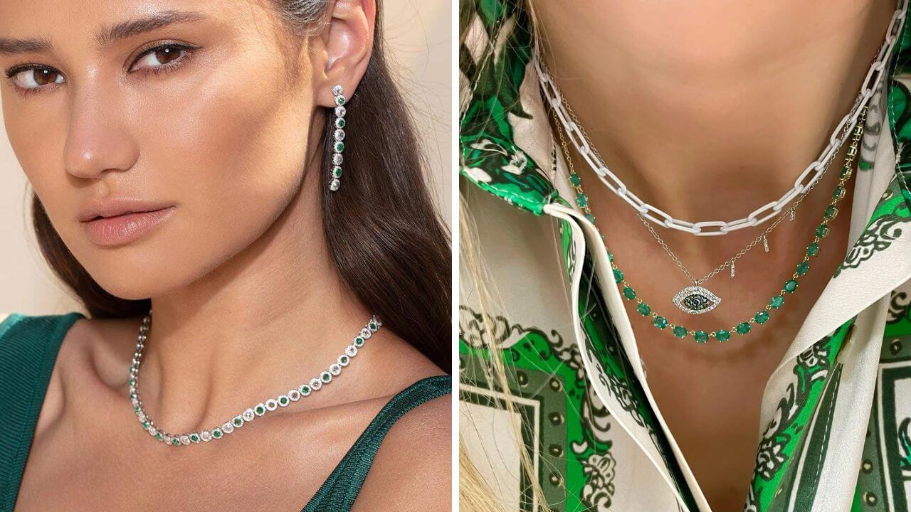 Women wearing emerald tennis necklaces