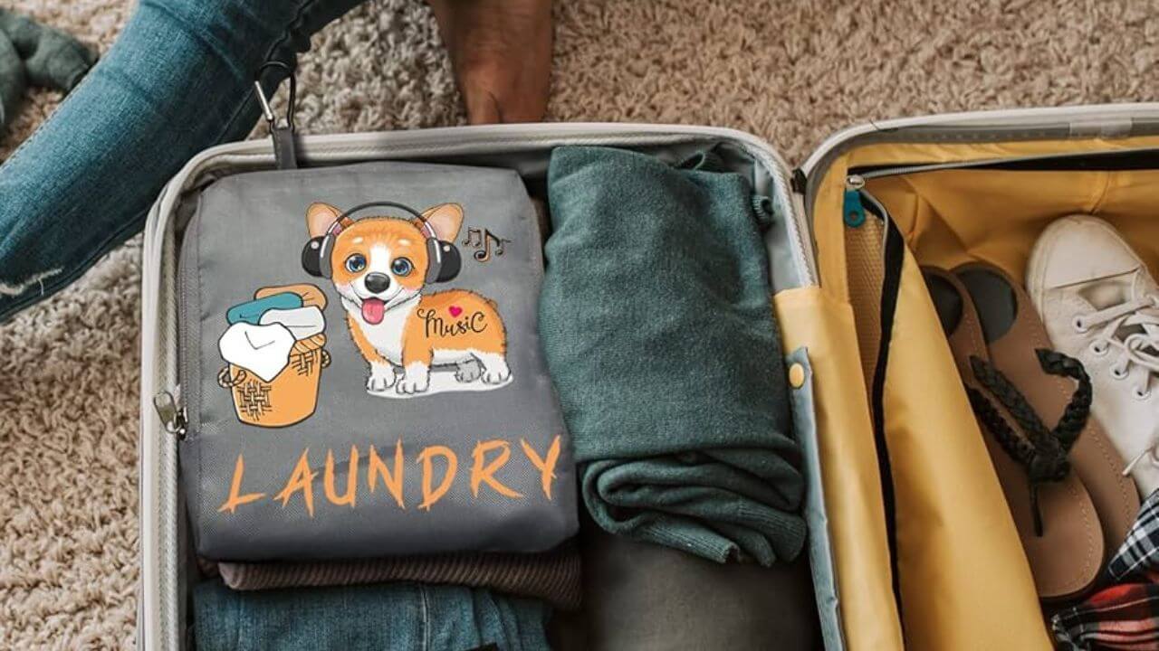 Travel laundry bag stored in a suitcase
