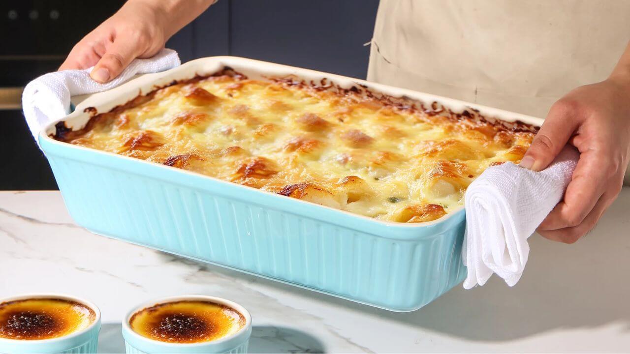 Person putting ceramic baking dish on cooling platform