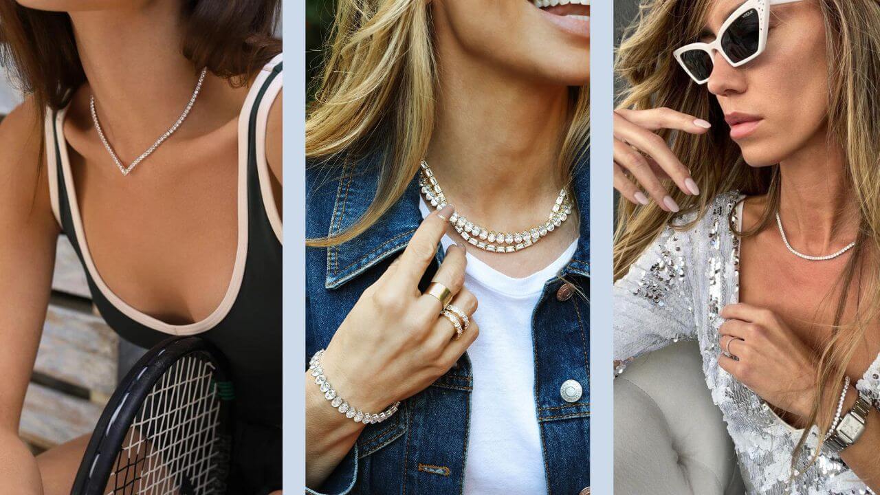 Women wearing tennis necklaces in sport, casual, and formal attire