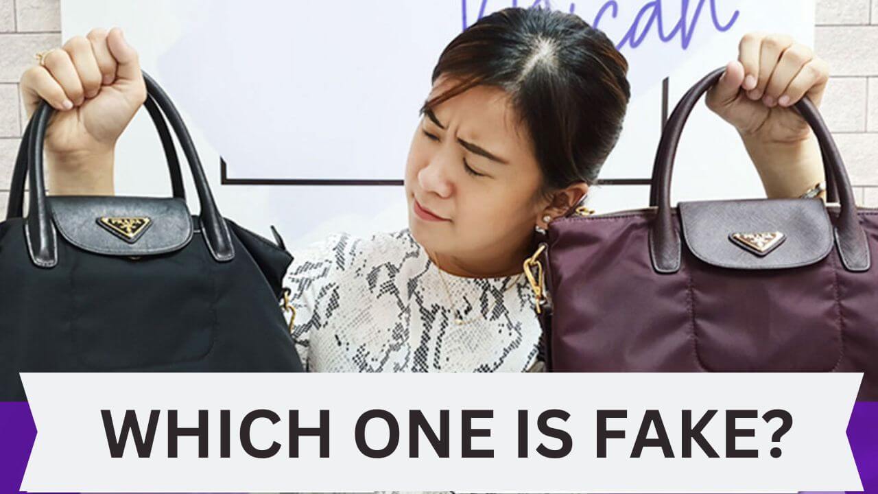 Woman attempting to determine which bag is the fake designer bag