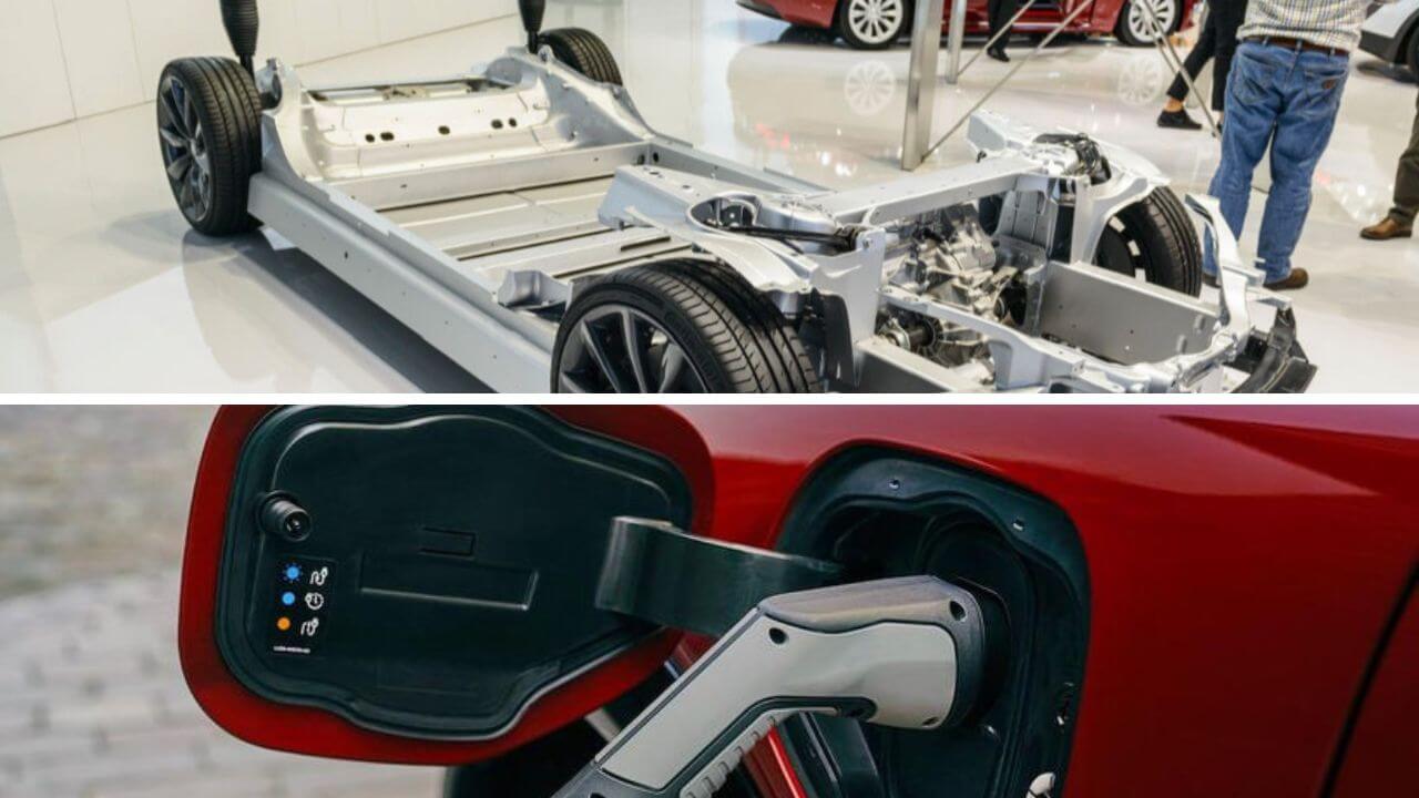 Car chasis with a LFP battery pack and a red car showing an electric vehicle plug-in outlet