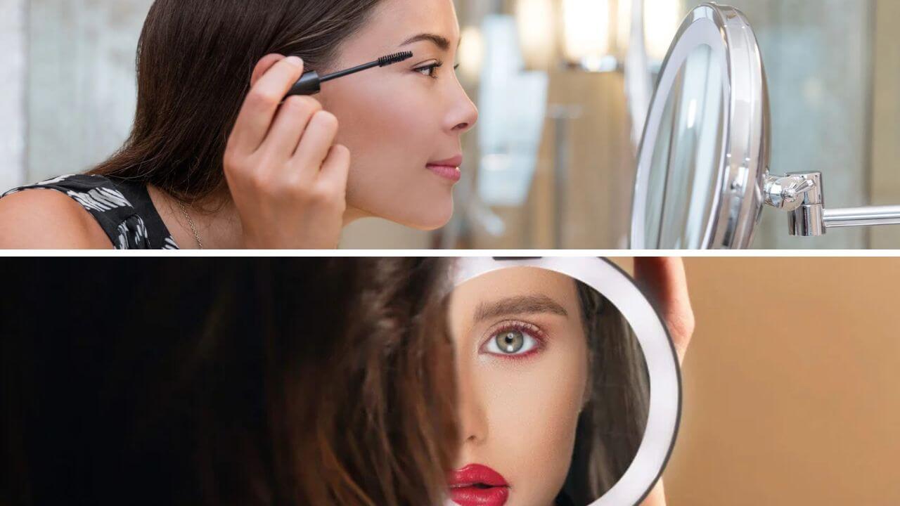 Women using lighted makeup mirrors to apply their makeup