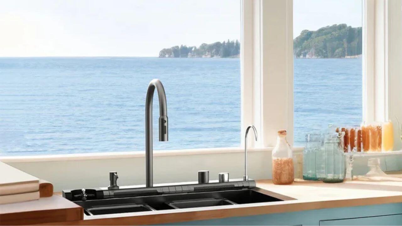 Waterfall kitchen sink in a kitchen overlooking the lake
